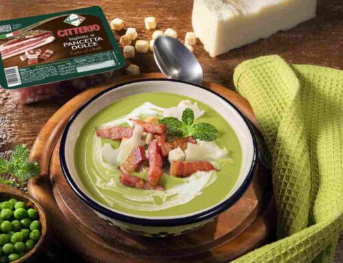 Vellutata di piselli con menta e pancetta
