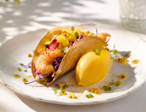 Tacos di gamberi con sorbetto Mango & Passion