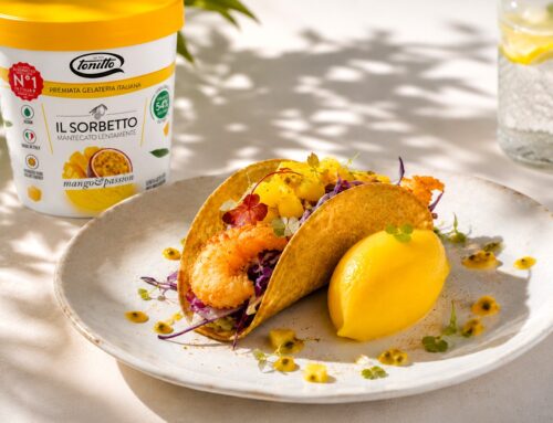Tacos di gamberi con sorbetto Mango & Passion